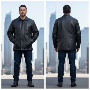 SAXONY COLLECTION Vntg Mens Black Leather Jacket Classic Zip Front Style Size 44